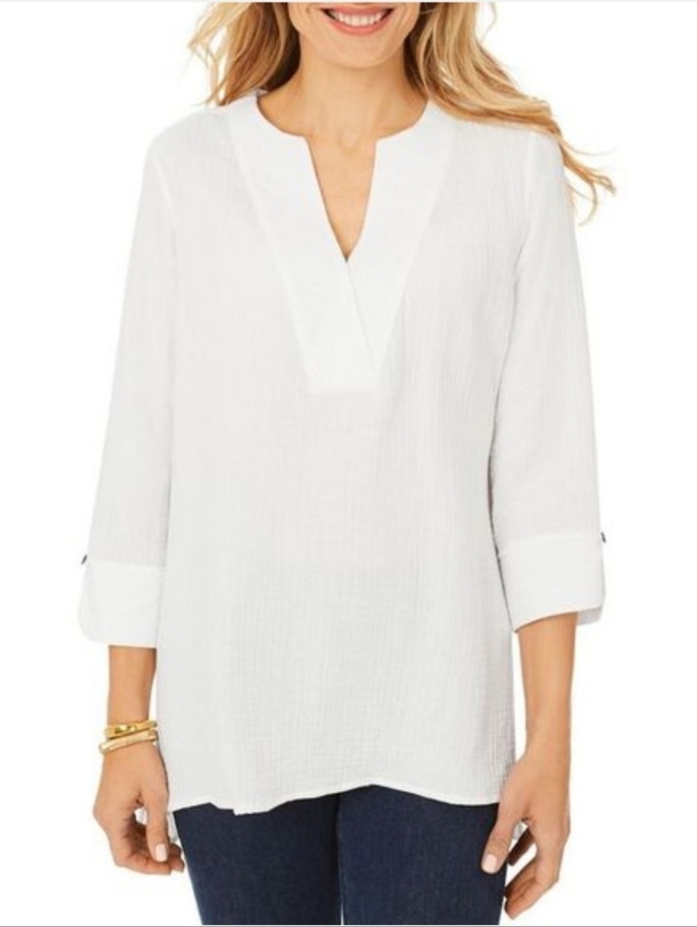 Foxcroft NYC Womens Vena White Split Neck Gauze Blouse Henley Top Shirt Size 18W